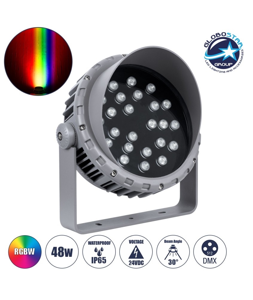 GLOBOSTAR® FLOODMENA 90649 Προβολέας Σποτ Wall Washer με Αντιθαμβωτική Γρίλια LED 48W 3840lm 30° DC 24V Αδιάβροχο IP65 Πολύχρωμο RGBW Dimmable DMX512 - Bridgelux SMD Chip - Γκρι Ανθρακί - Μ25 x Π25 x Υ18cm - 3 Χρόνια Εγγύηση